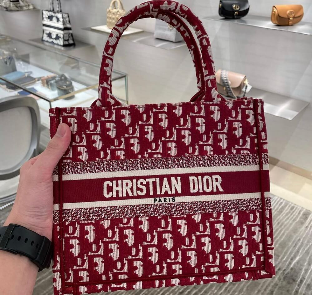 Christian Dior Small Book Tote Bag 26cm Oblique Embroidery Red