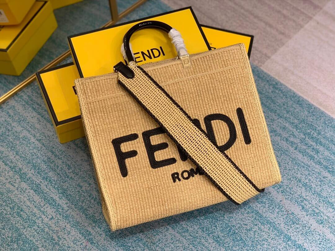 Fendi Sunshine Medium Shopper Woven Raffia Tote 8BH386 Beige
