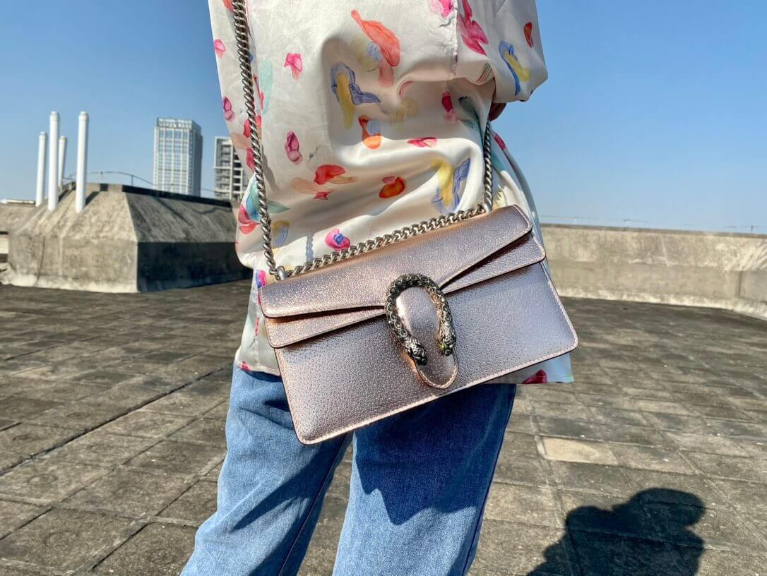 Gucci Dionysus Small Shoulder Bag in Rose Gold Lame Leather 499623