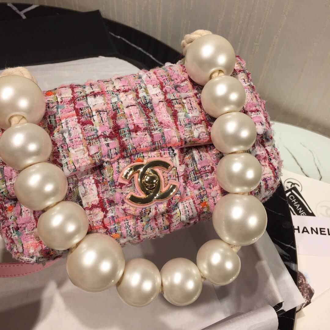 Chanel Tweed Flap Bag With Large Pearl Handle AS0593