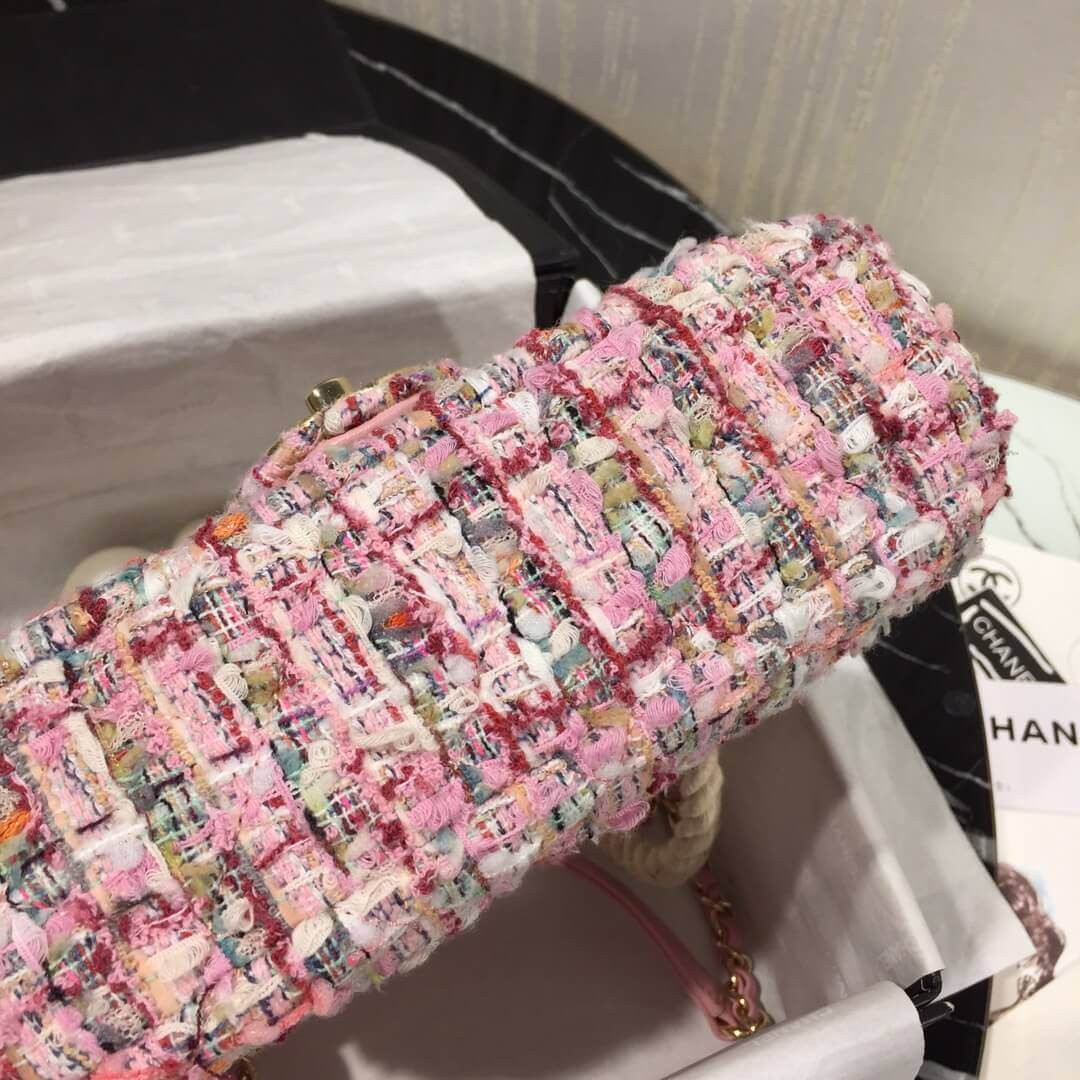 Chanel Tweed Flap Bag With Large Pearl Handle AS0593