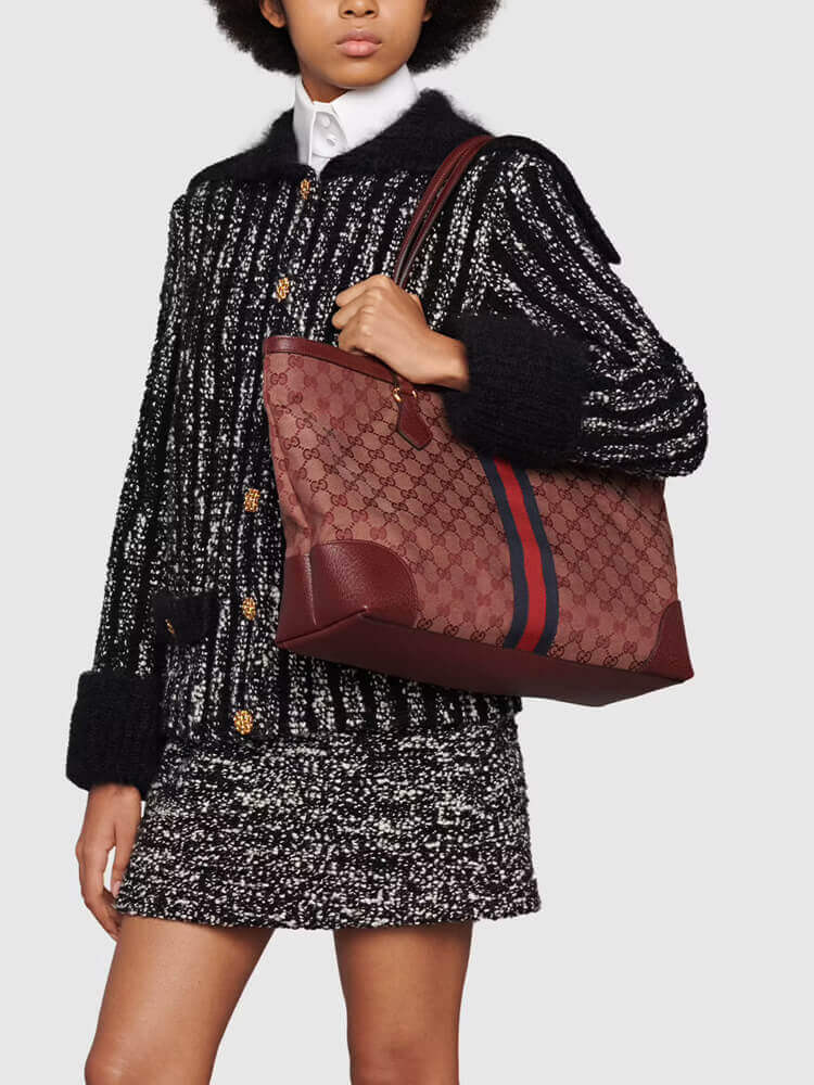 Gucci Ophidia Medium Tote With Web in Burgundy GG Canvas 631685