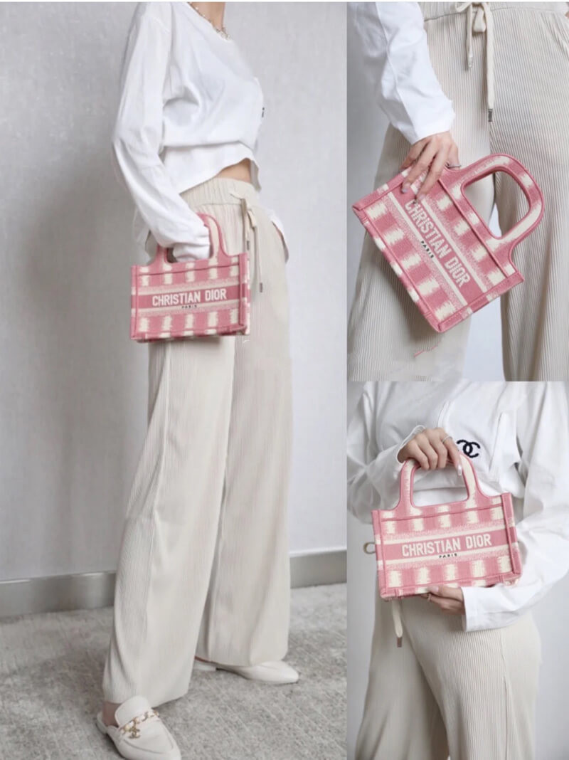 Christian Dior Mini Book Tote Pink D-Stripes Embroidery S5475