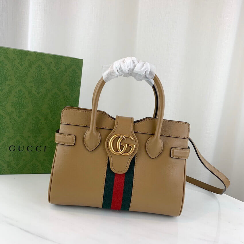 Gucci Small Top Handle Bag with Double G in Brown Leather 658450