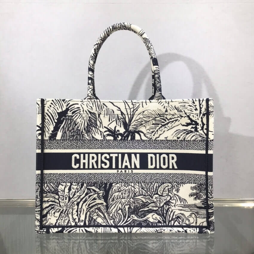 Dior Small Book Tote Blue Toile de Jouy Palms Embroidery M1296