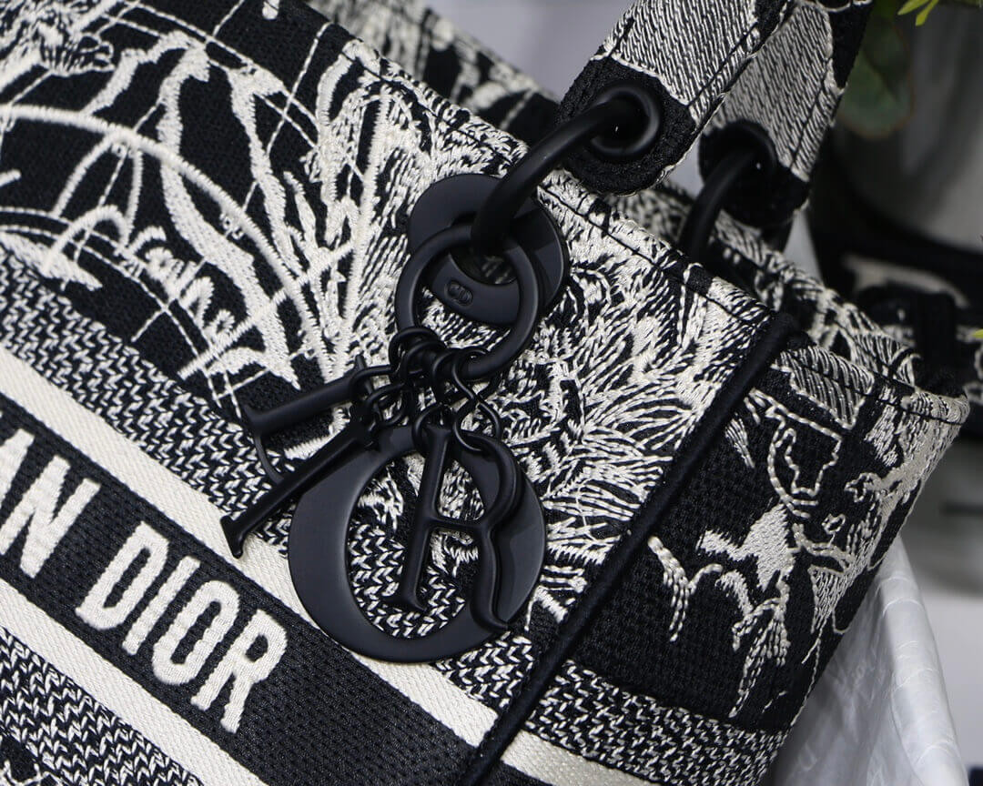 Christian Dior Medium Lady D-Lite Bag Black and White Around the World Embroidery M0565