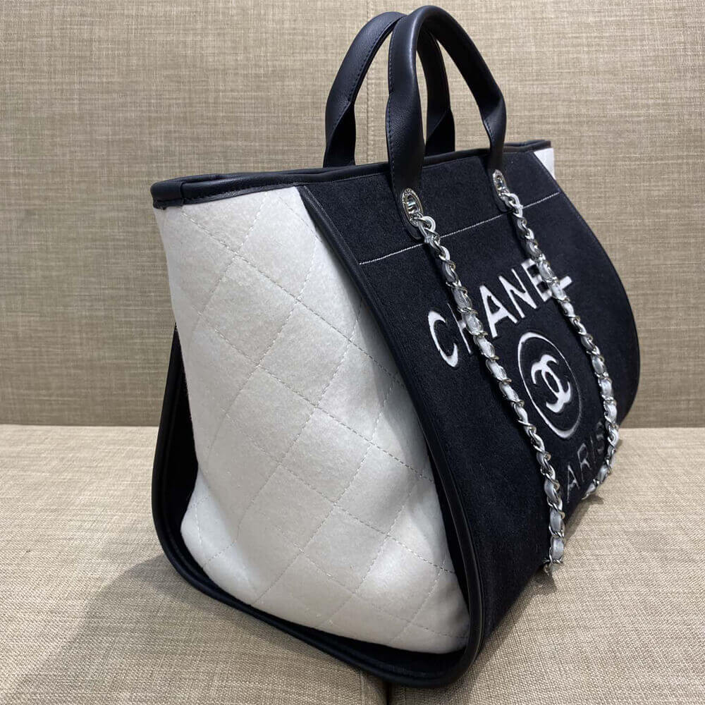 Chanel Wool Felt Deauville Shopping Bag A60598 Black/White