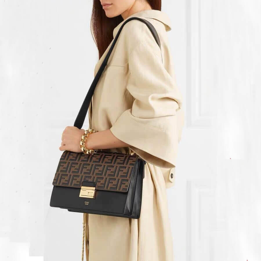 Fendi Black Leather Bag Kan I With Embossed FF Flap 8BT315