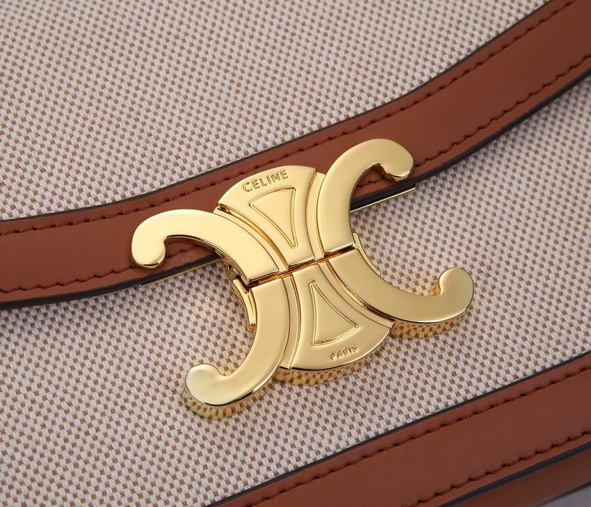 Celine Teen Triomphe Bag in Textile and Natural Calfskin 188882 Tan/White