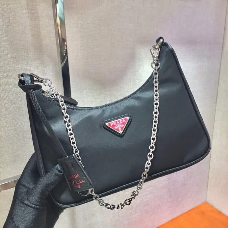 Prada Re-Edition Nylon Multi-Pochette Bag 1BH204 Black with Red Logo