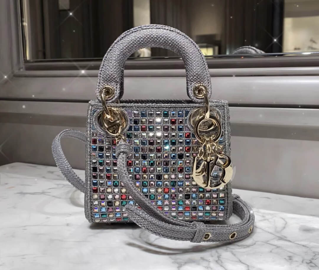 Micro Lady Dior Bag Dark Grey Metallic Canvas Embroidered with Multicolor Crystals S0856
