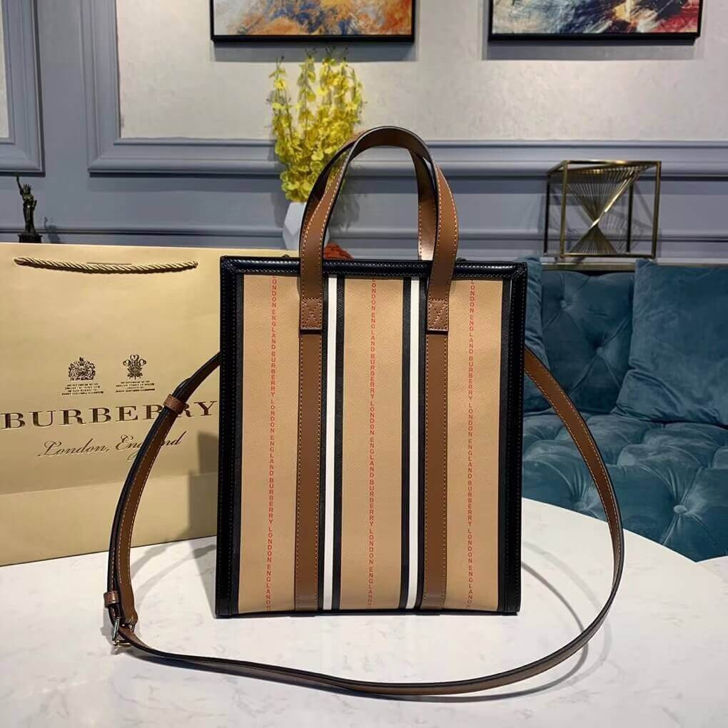 Burberry Logo and Stripe E-canvas Portrait Tote Bag 80224761