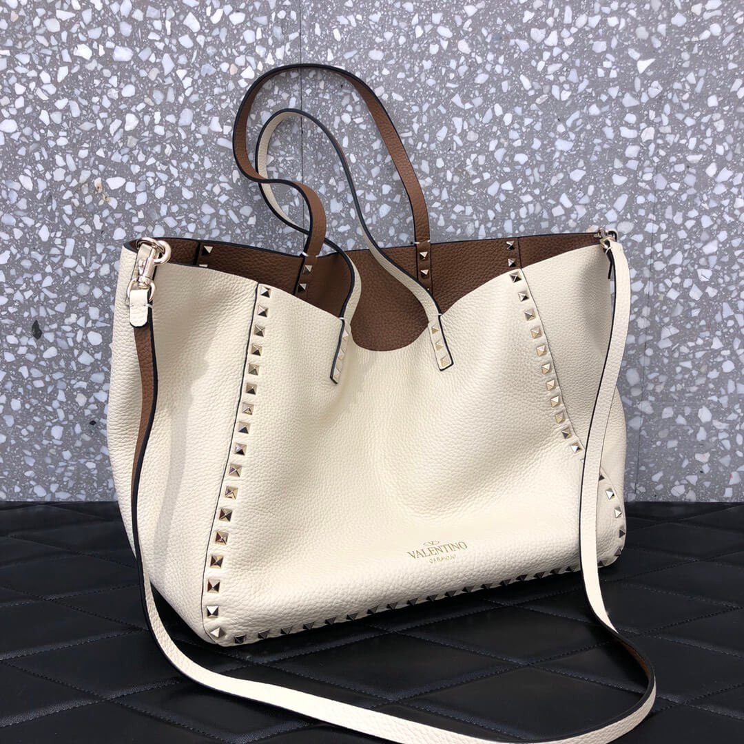 Valentino Garavani Medium Double Rockstud Reversible Tote Bag 0067J  Brown/White