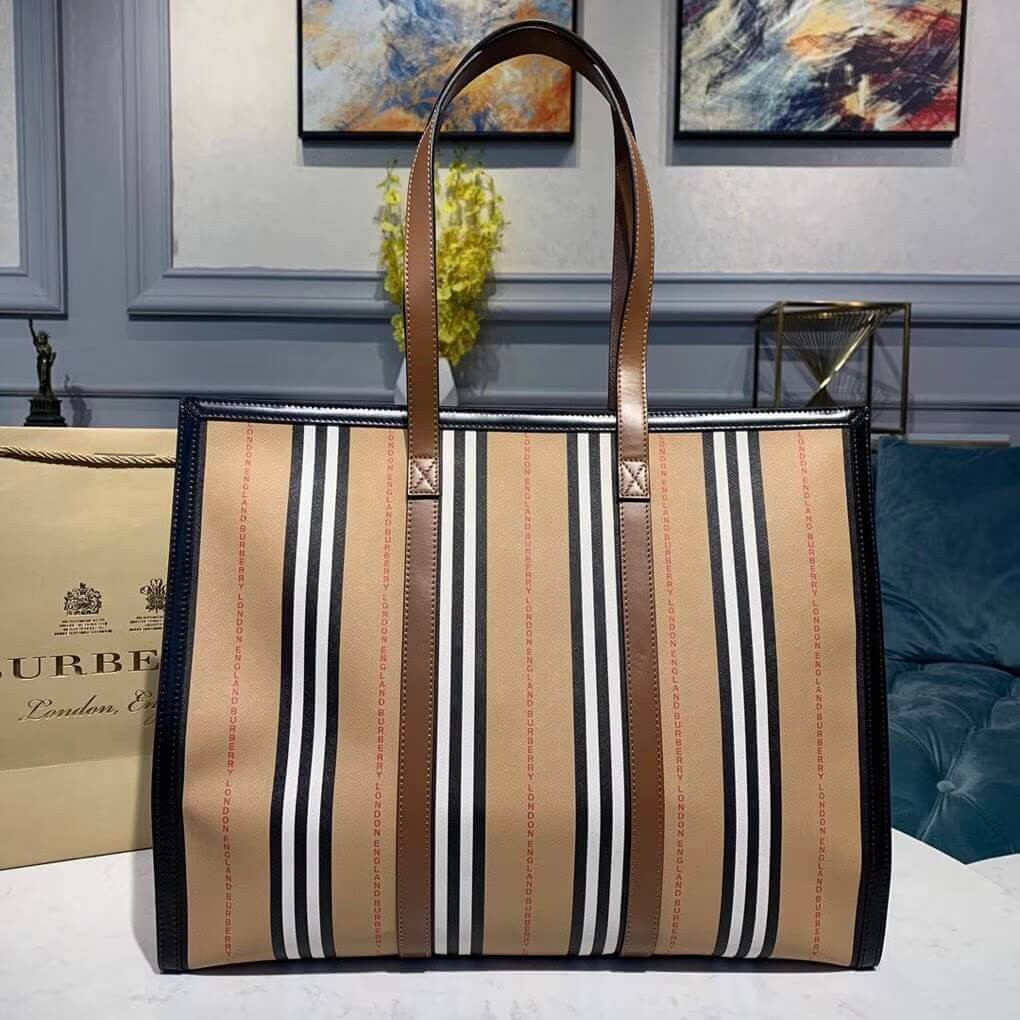 Burberry Logo and Stripe E-canvas Portrait Tote Bag 80223771