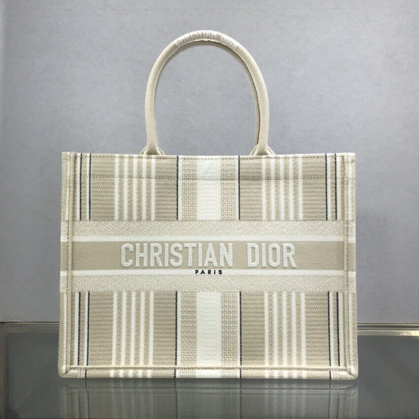 Dior Small Book Tote Beige Stripes Embroidery M1296