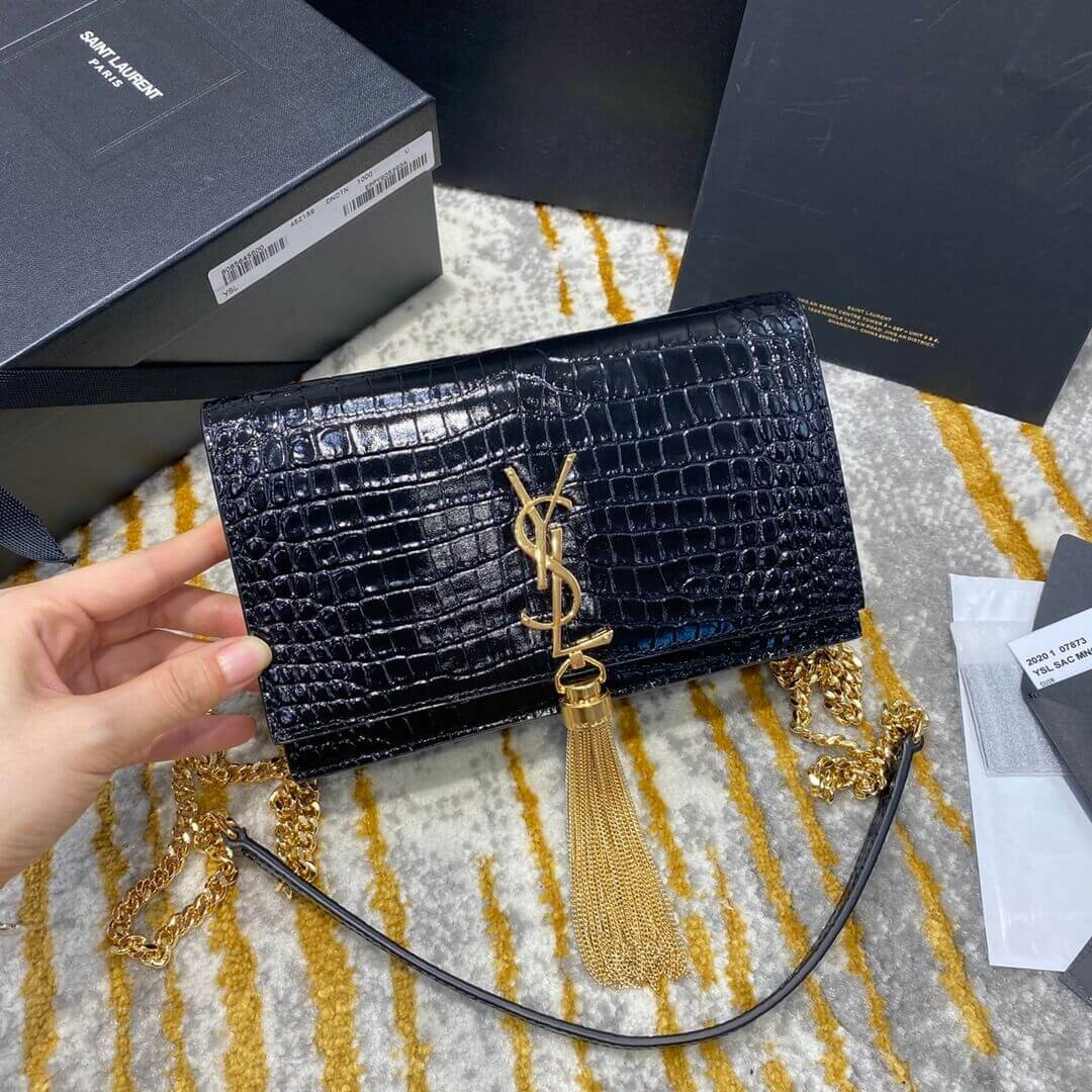 YSL Saint Laurent Kate Chain Wallet With Tassel In Crocodile Embossed Leather 452159