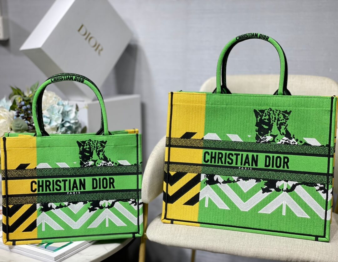 Christian Dior Medium Book Tote Bright Green and Orange D-Jungle Pop Embroidery M1296