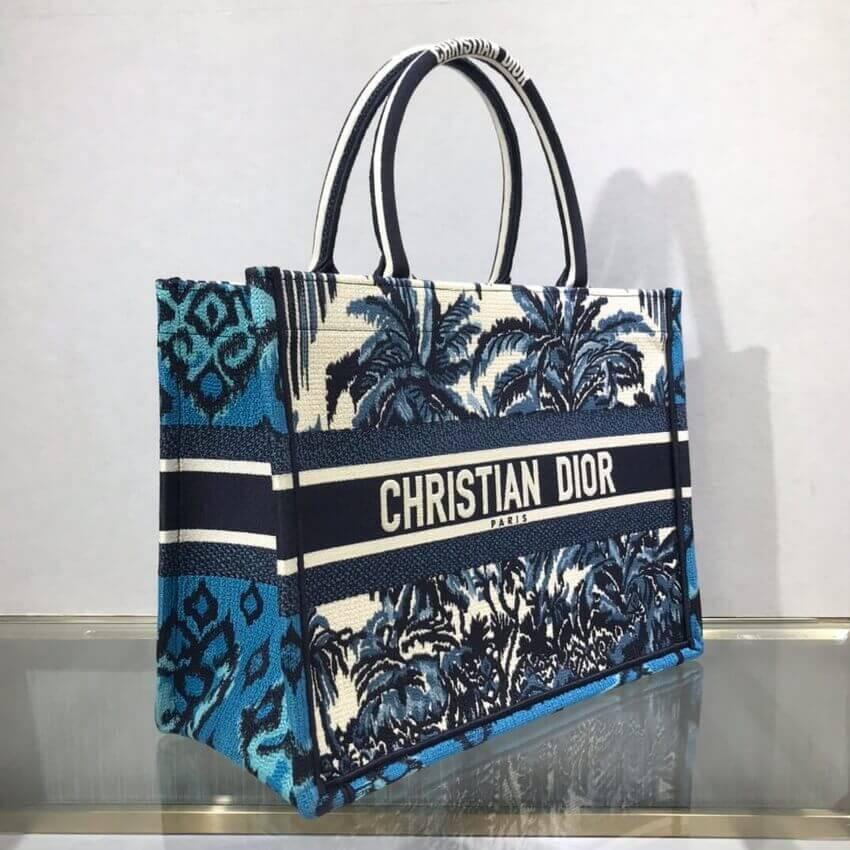 Dior Small Book Tote in Blue Palms Embroidery M1296