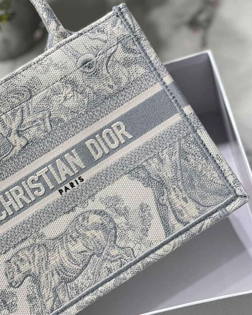 Christian Dior Small Book Tote Bag 26cm Toile De Jouy Reverse Embroidery Grey