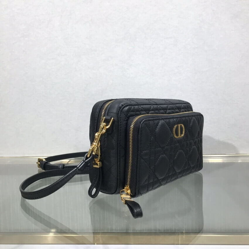 Dior Caro Double Pouch Black Supple Cannage Calfskin M9237
