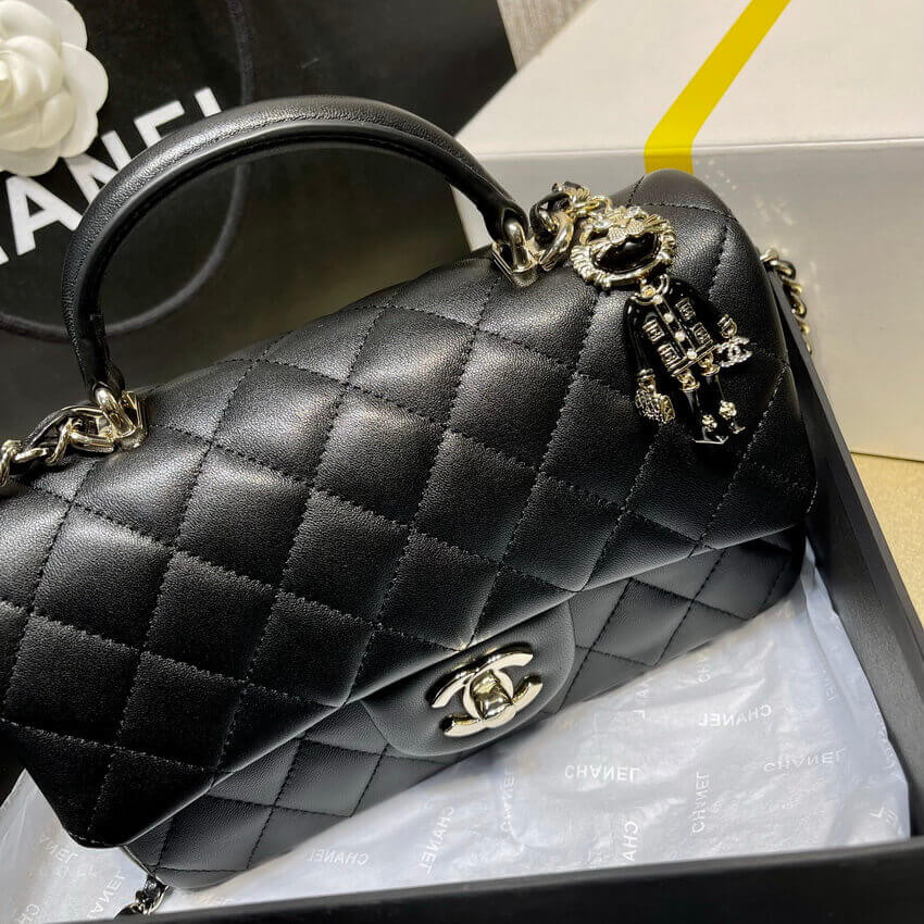 Chanel Lambskin Mini Flap Bag With Top Handle Black AS2431 with Charms