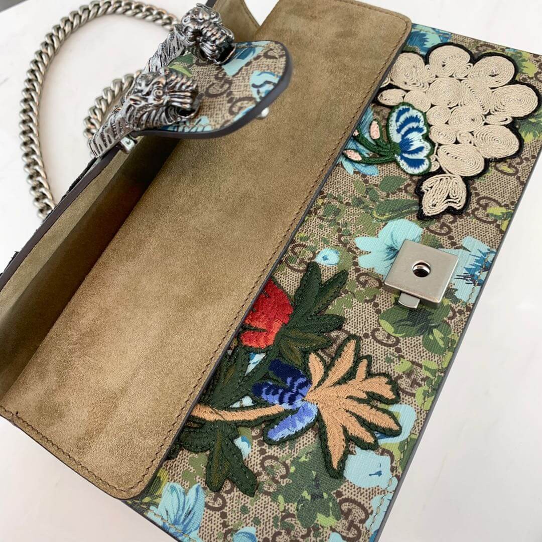 Gucci Embroidered Bee And Flower Shoulder Bag 400249 Khaki