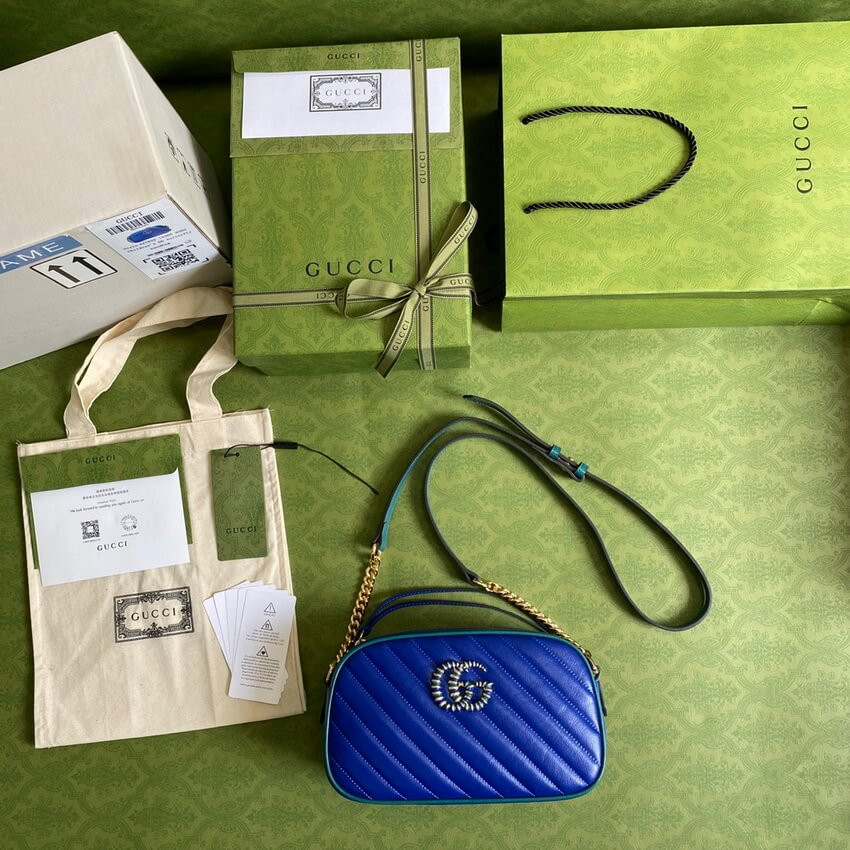 Gucci GG Marmont Small Shoulder Bag 447632 Blue and Emerald Leather