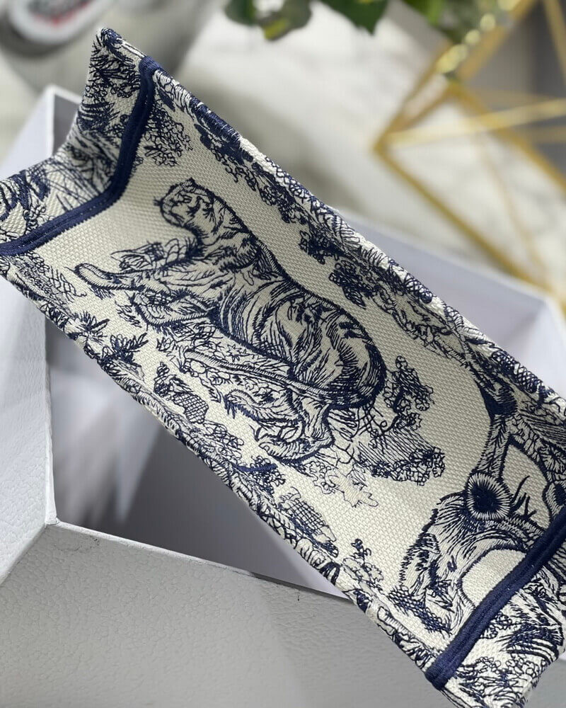 Christian Dior Small Book Tote Bag 26cm Toile De Jouy Reverse Embroidery Blue