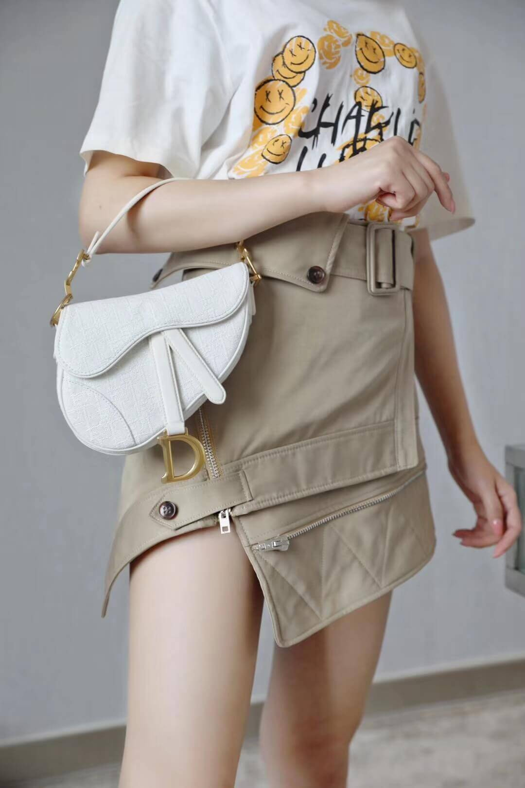 Christian Dior Mini Saddle Bag in White Oblique Jacquard M0447