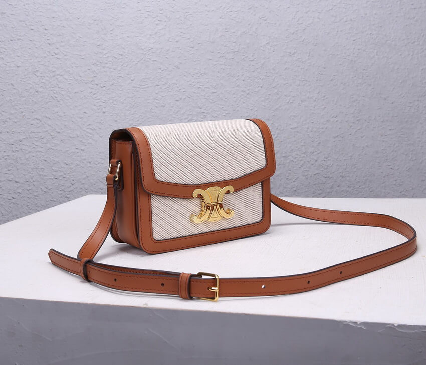 Celine Teen Triomphe Bag in Textile and Natural Calfskin 188882 Tan/White