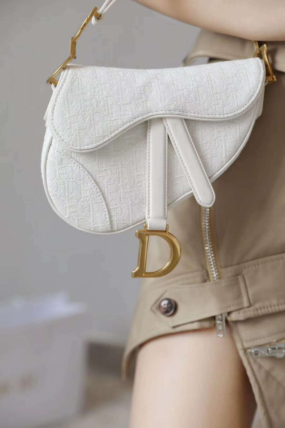 Christian Dior Mini Saddle Bag in White Oblique Jacquard M0447