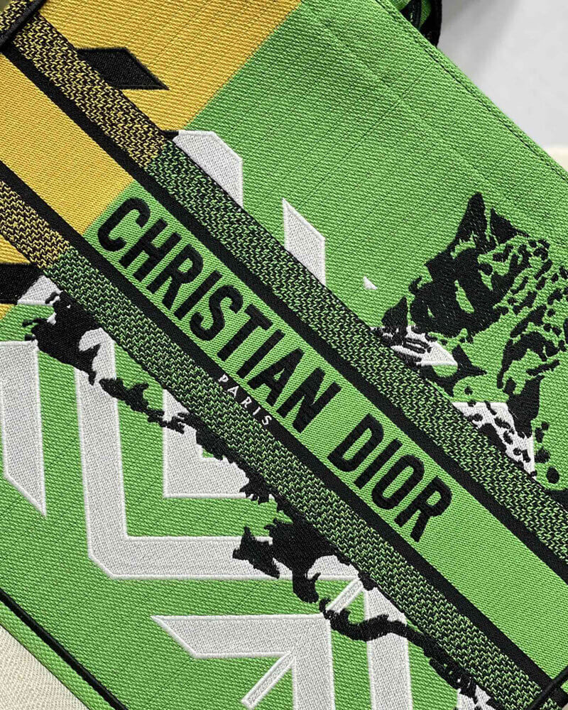 Christian Dior Large Book Tote Bright Green and Orange D-Jungle Pop Embroidery M1286