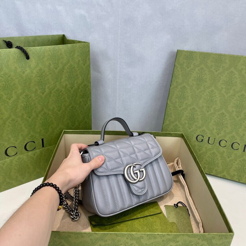 Gucci GG Marmont Grey Matelasse Leather Mini Top Handle Bag 583571