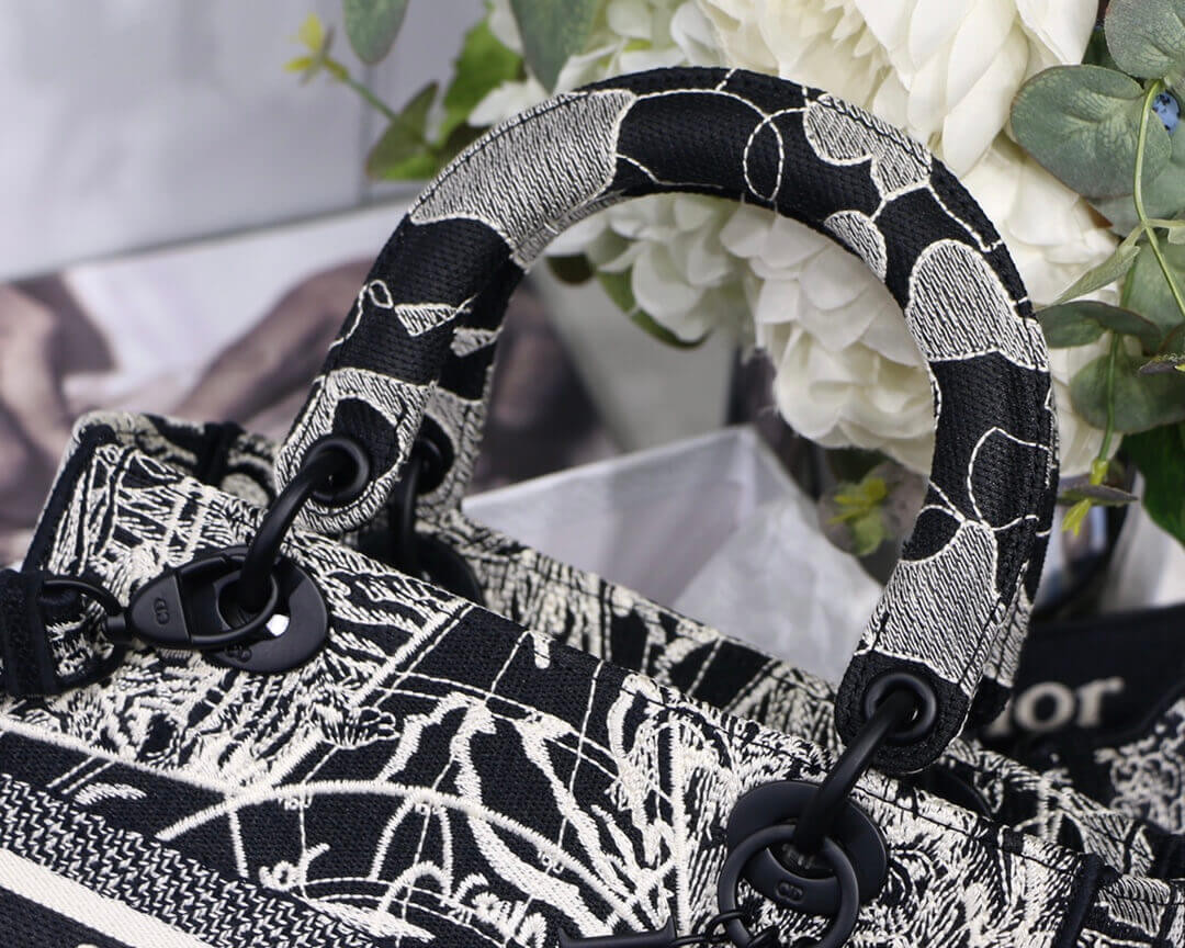 Christian Dior Medium Lady D-Lite Bag Black and White Around the World Embroidery M0565