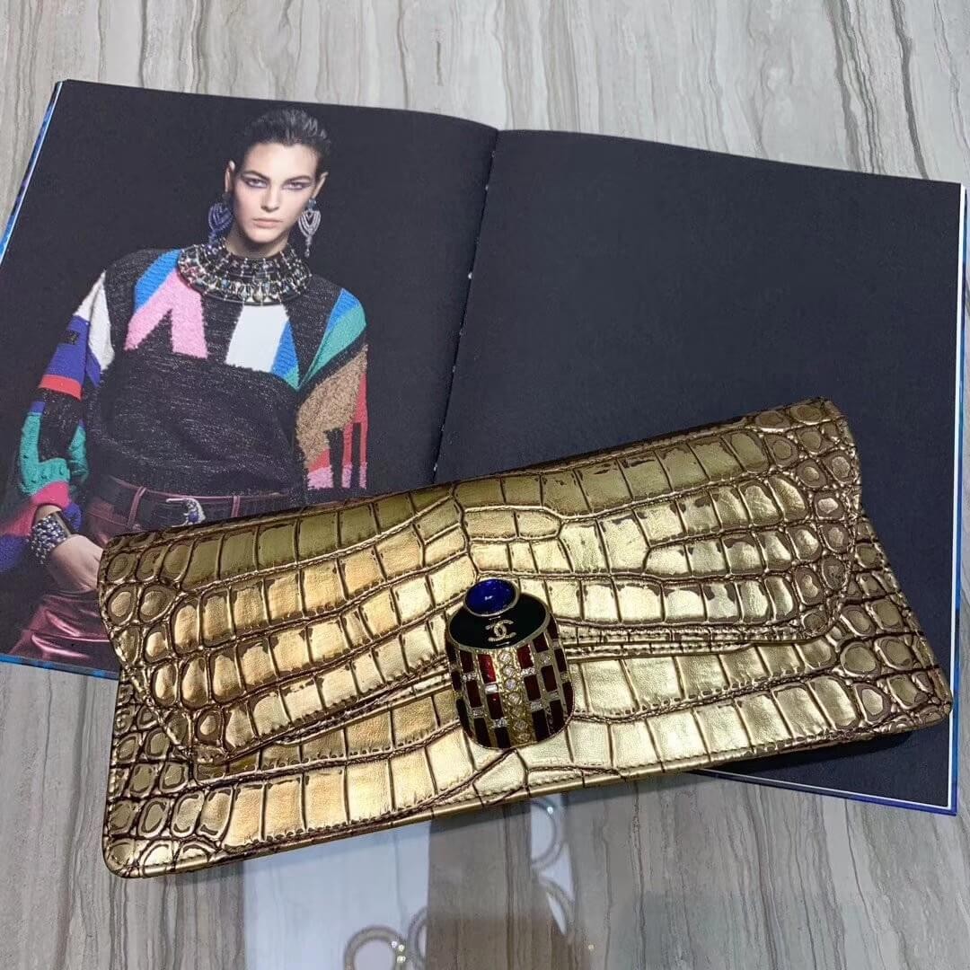 Chanel Metallic Crocodile Embossed Clutch AS0857