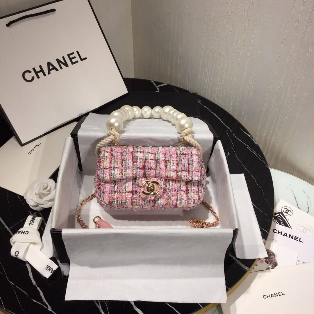 Chanel Tweed Flap Bag With Large Pearl Handle AS0593