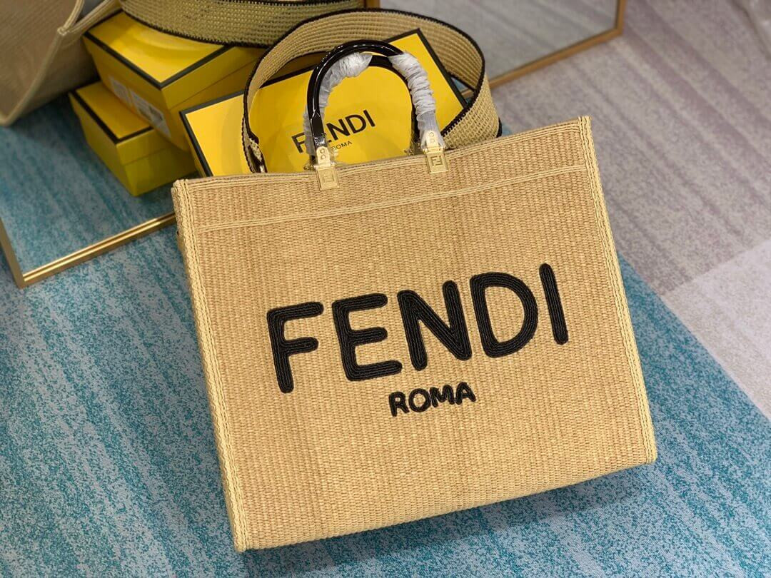Fendi Sunshine Large Shopper Woven Raffia Tote 8BH372 Beige