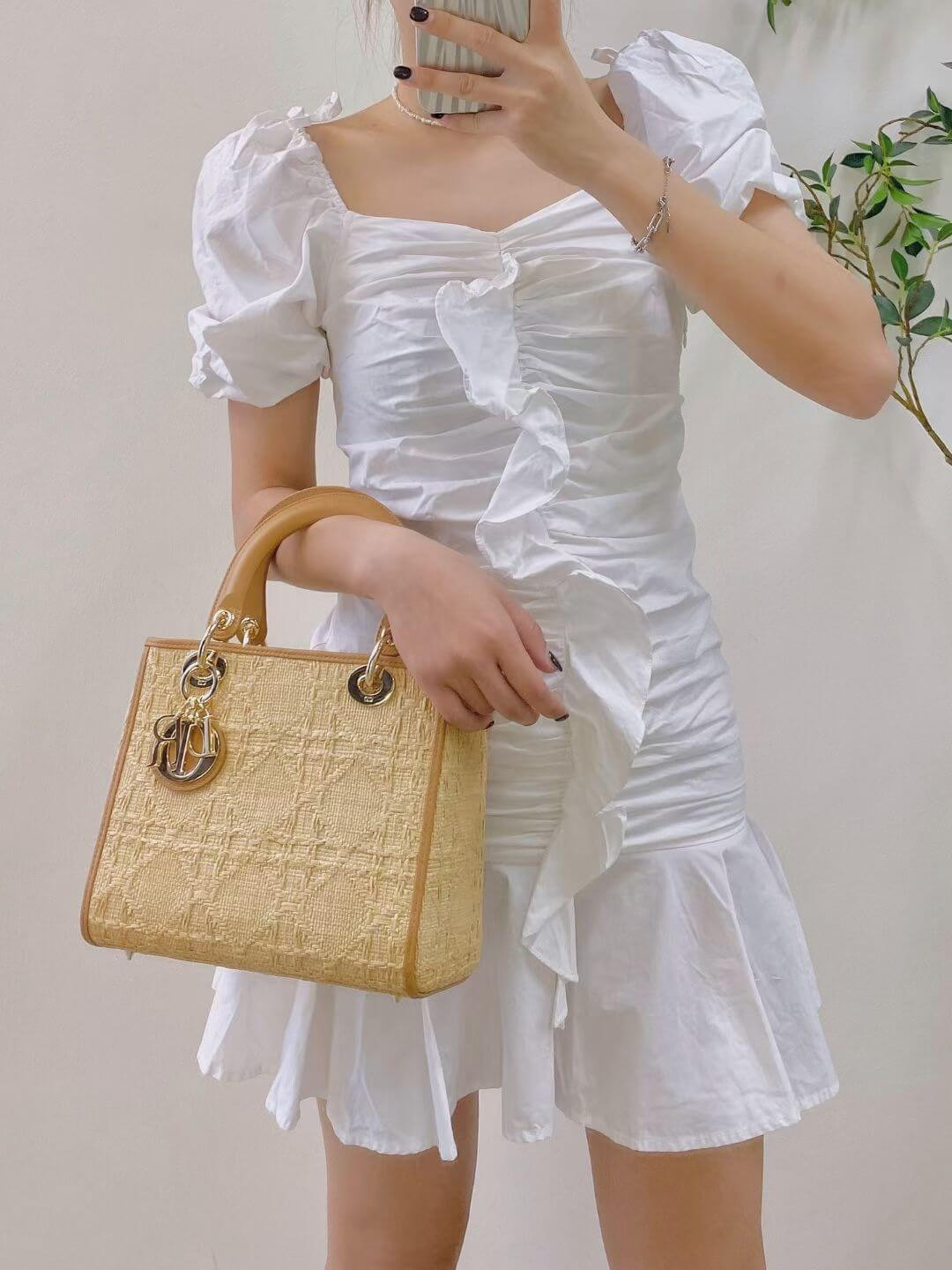 Christian Dior Medium Lady Dior Bag Natural Cannage Raffia M0565