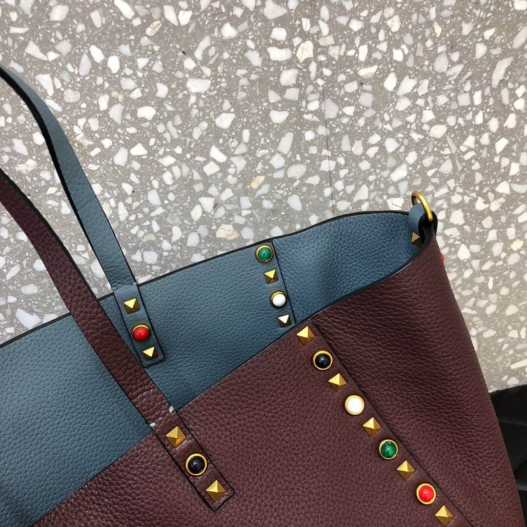 Valentino Garavani Medium Double Rockstud Reversible Tote Bag 0067G Blue/Burgundy