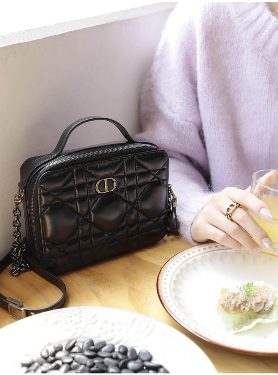 Christian Dior Caro Box Bag With Chain Black Quilted Macrocannage Calfskin S5140