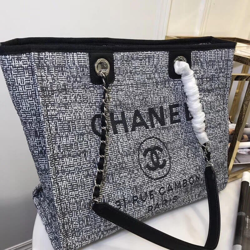 Chanel Deauville Chain Shoulder Tote 33cm Canvas Bag A66939