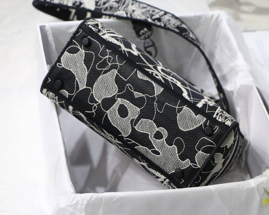 Christian Dior Medium Lady D-Lite Bag Black and White Around the World Embroidery M0565