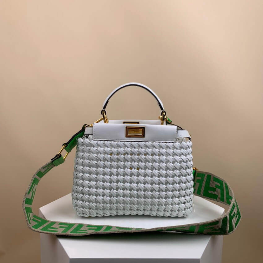 Fendi Peekaboo Iconic Mini Leather Interlace Bag 2031 White