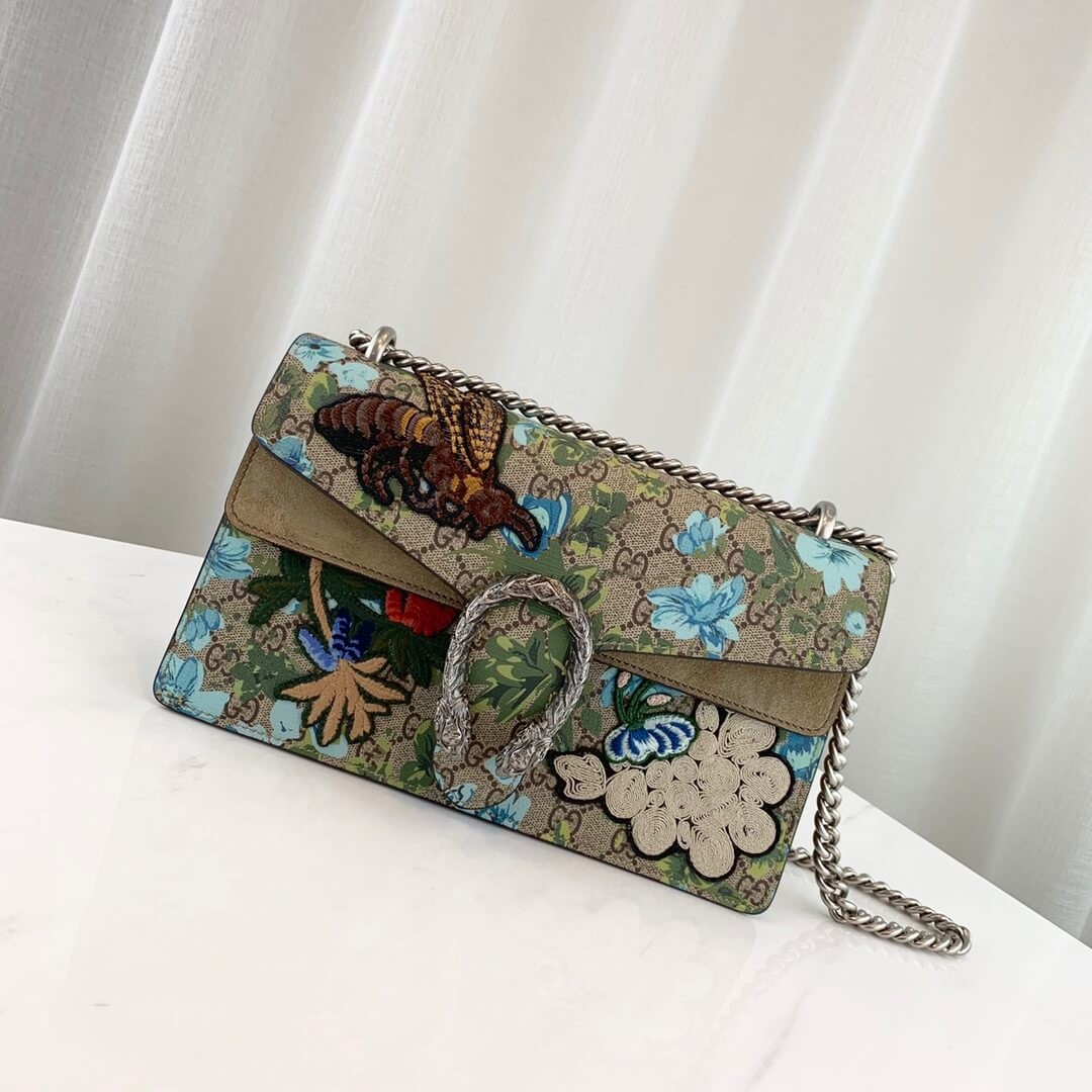 Gucci Embroidered Bee And Flower Shoulder Bag 400249 Khaki