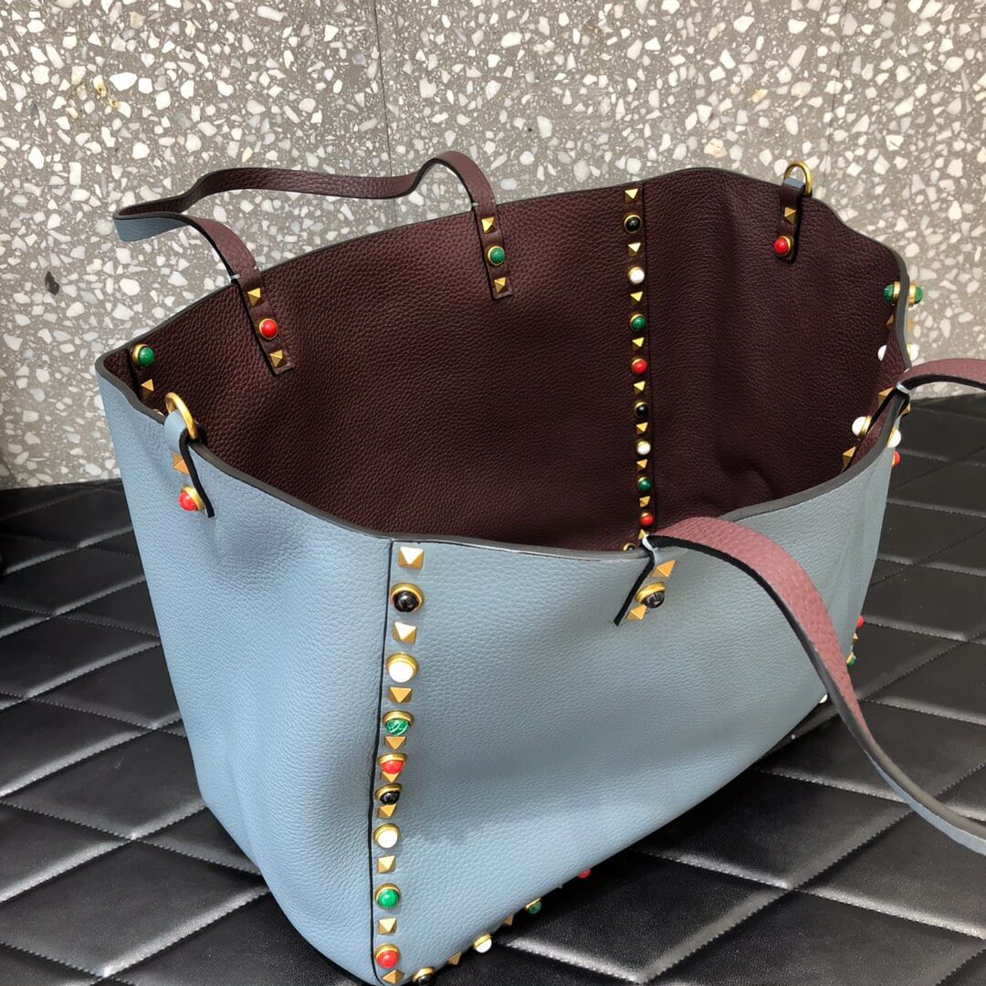 Valentino Garavani Medium Double Rockstud Reversible Tote Bag 0067G Blue/Burgundy