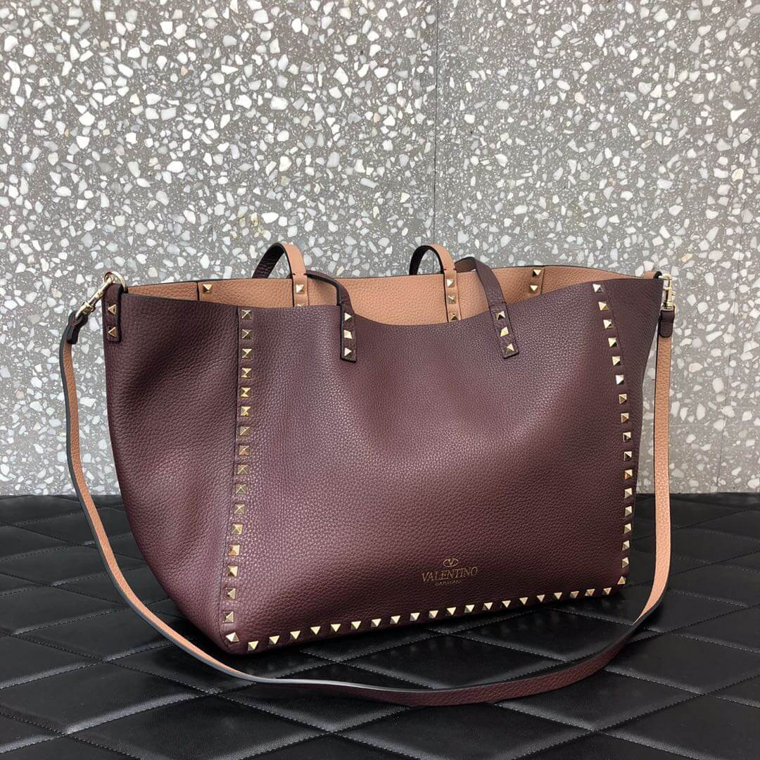Valentino Garavani Medium Double Rockstud Reversible Tote Bag 0067J Apricot/Burgundy