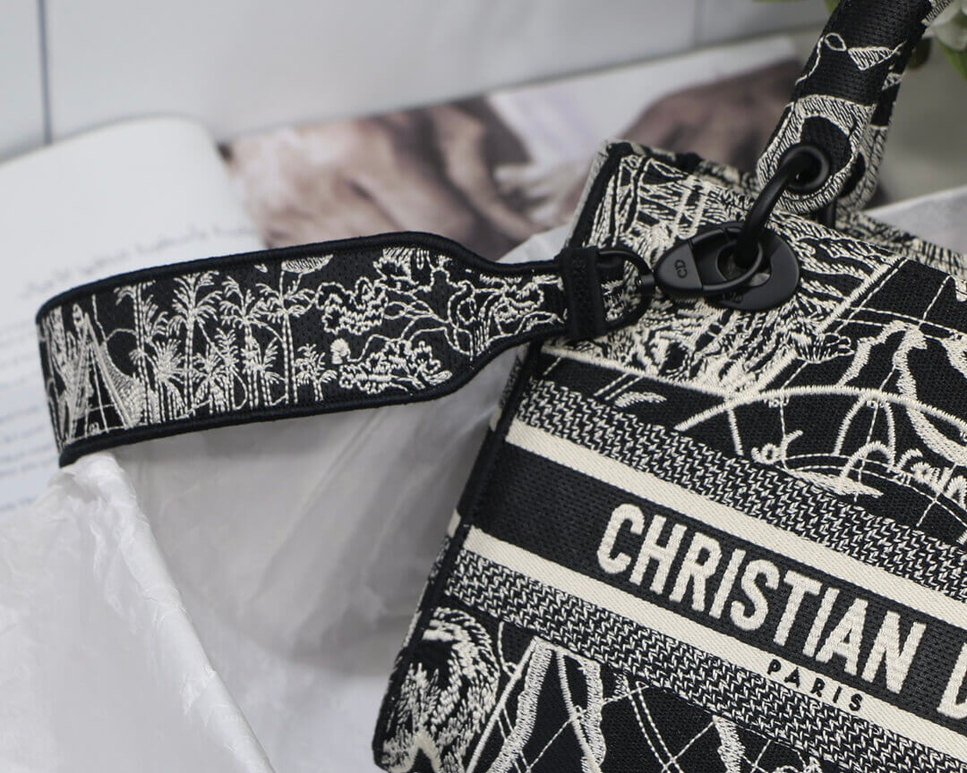Christian Dior Medium Lady D-Lite Bag Black and White Around the World Embroidery M0565