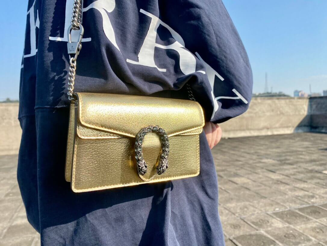 Gucci Dionysus Small Shoulder Bag in Gold Lame Leather 499623