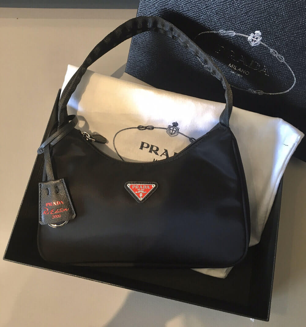 Prada Re-Edition 2000 Nylon Hobo Bag 1NE515 Black with Red Logo