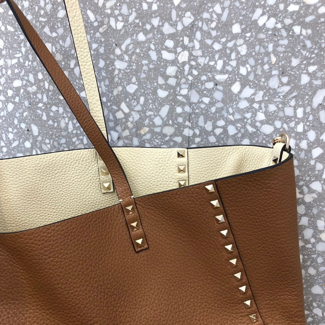 Valentino Garavani Medium Double Rockstud Reversible Tote Bag 0067J  Brown/White